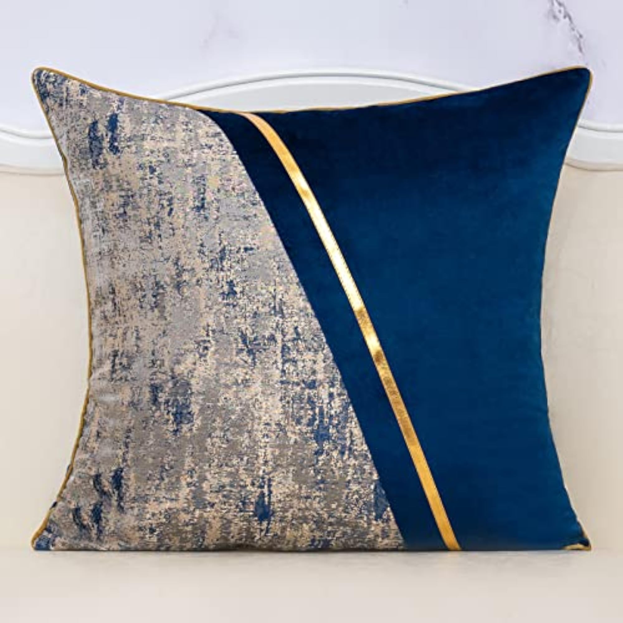 Navy Blue Beige Gold Leather Patchwork Velvet Cushion Case